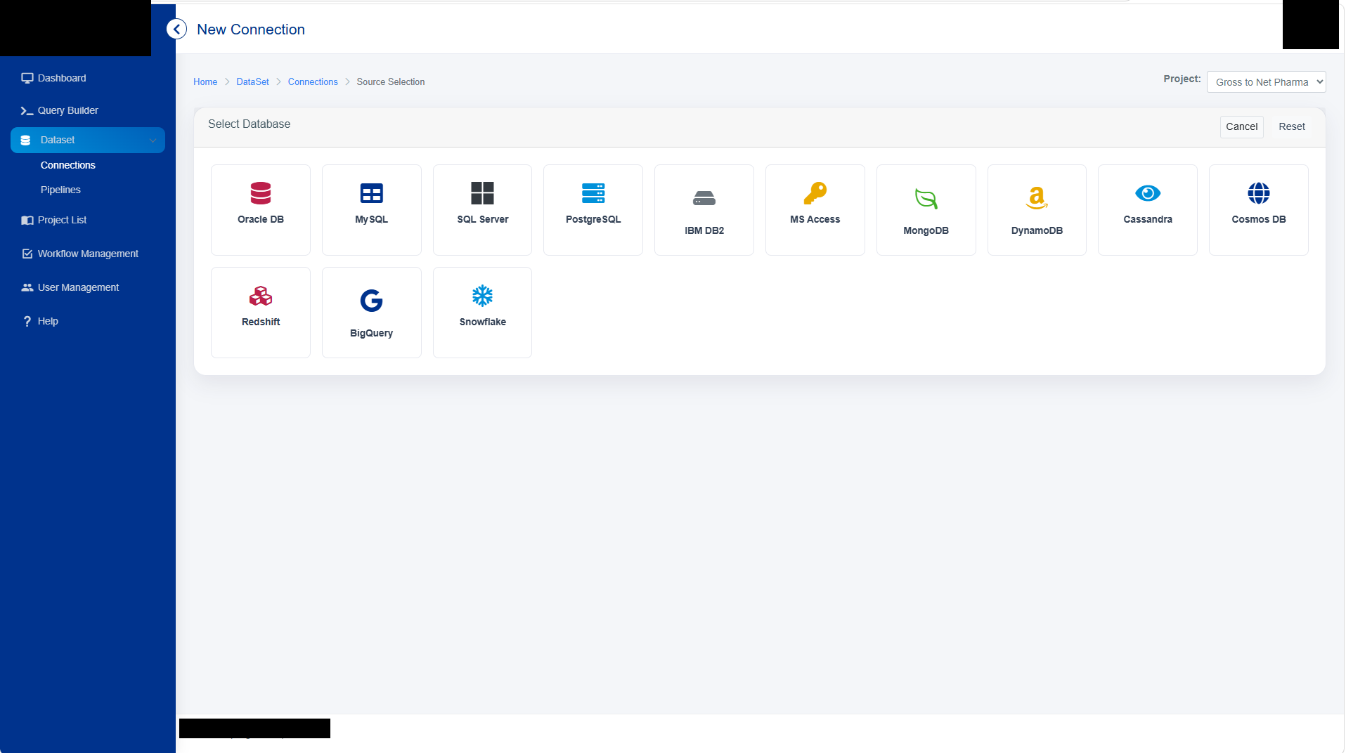 Source selection screen showing thirteen supported database connectors