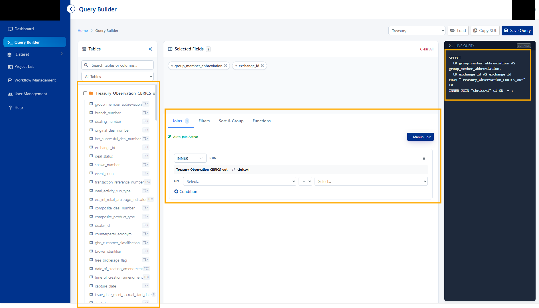 Visual query builder showing table selection, join configuration and generated SQL