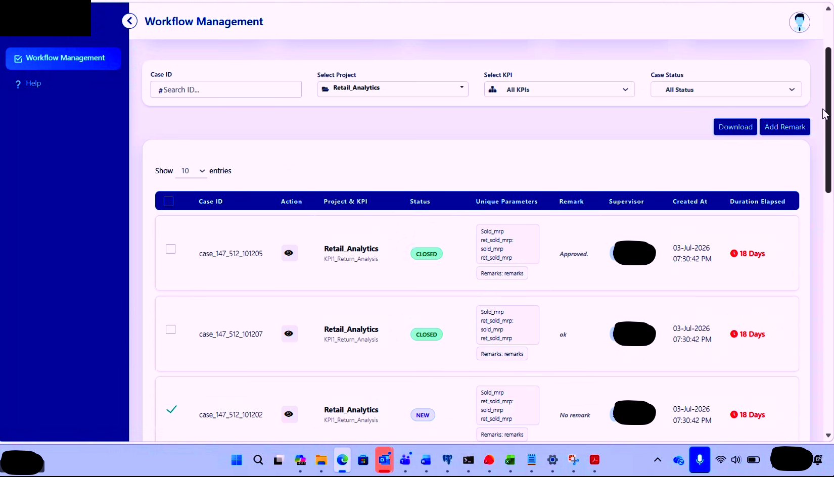 Workflow management screen listing exception cases with status, supervisor and duration elapsed