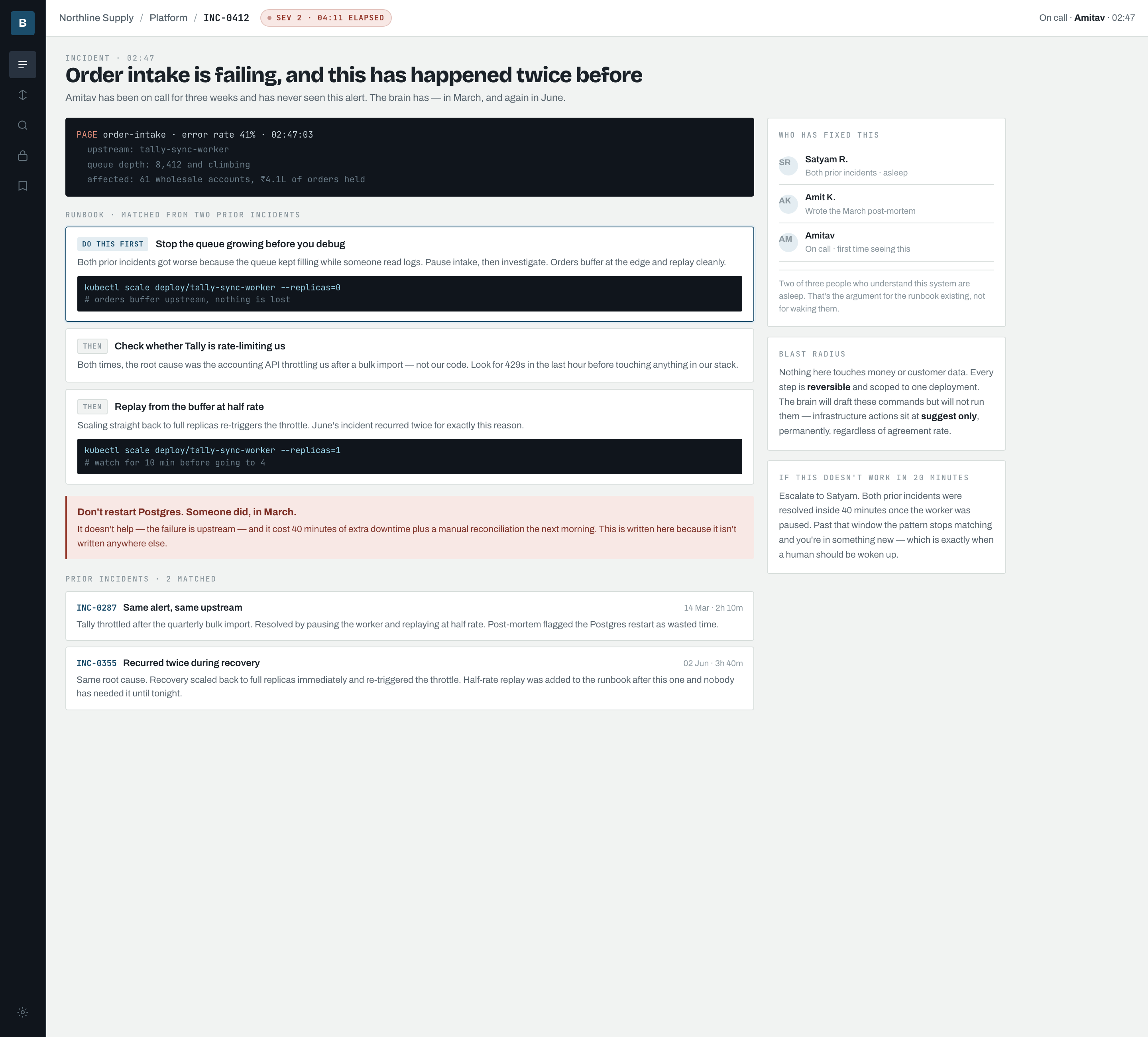 Incident response at 2:47am, a runbook assembled from two prior similar incidents
