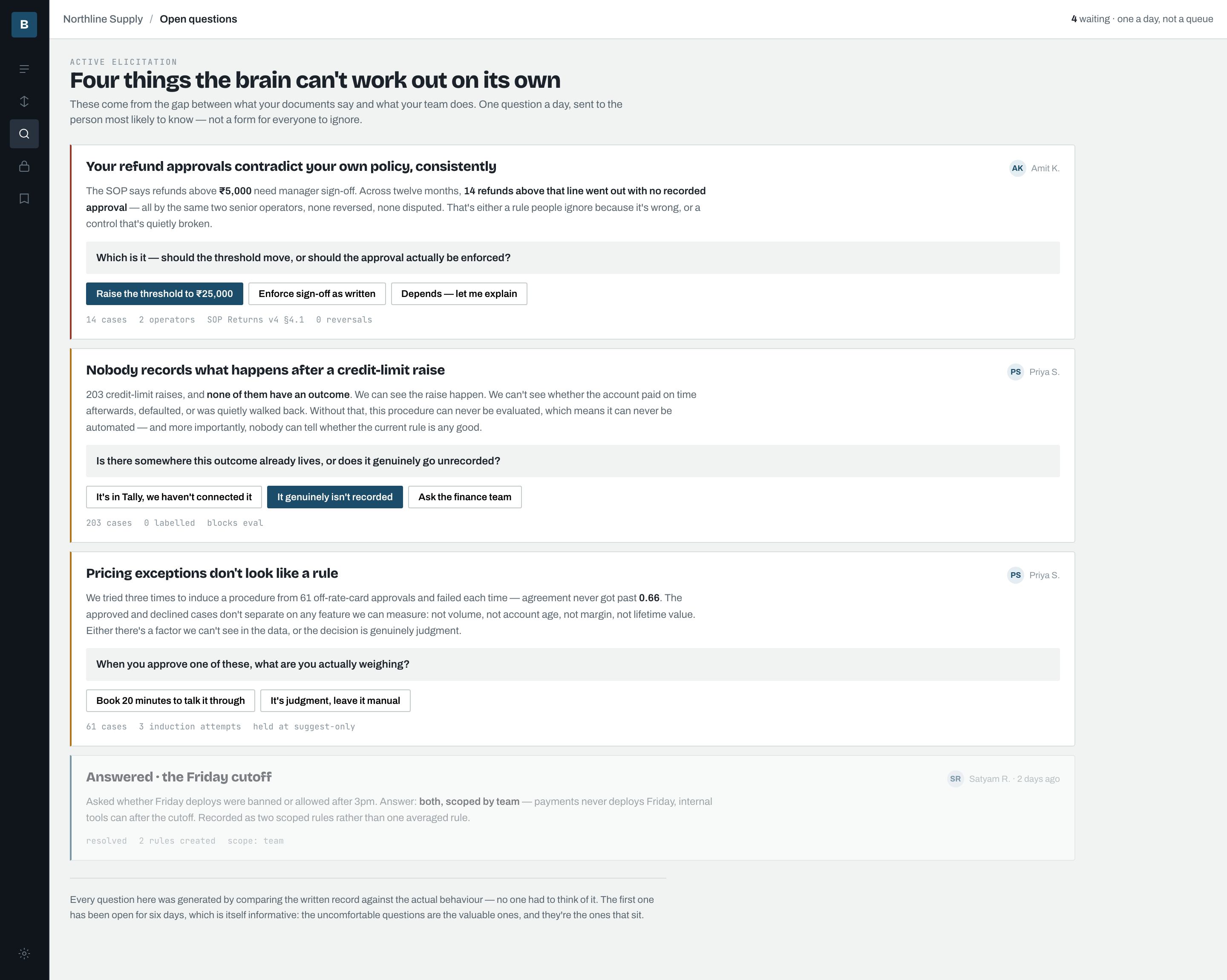 Open questions page generated by comparing the written policy against actual team behaviour