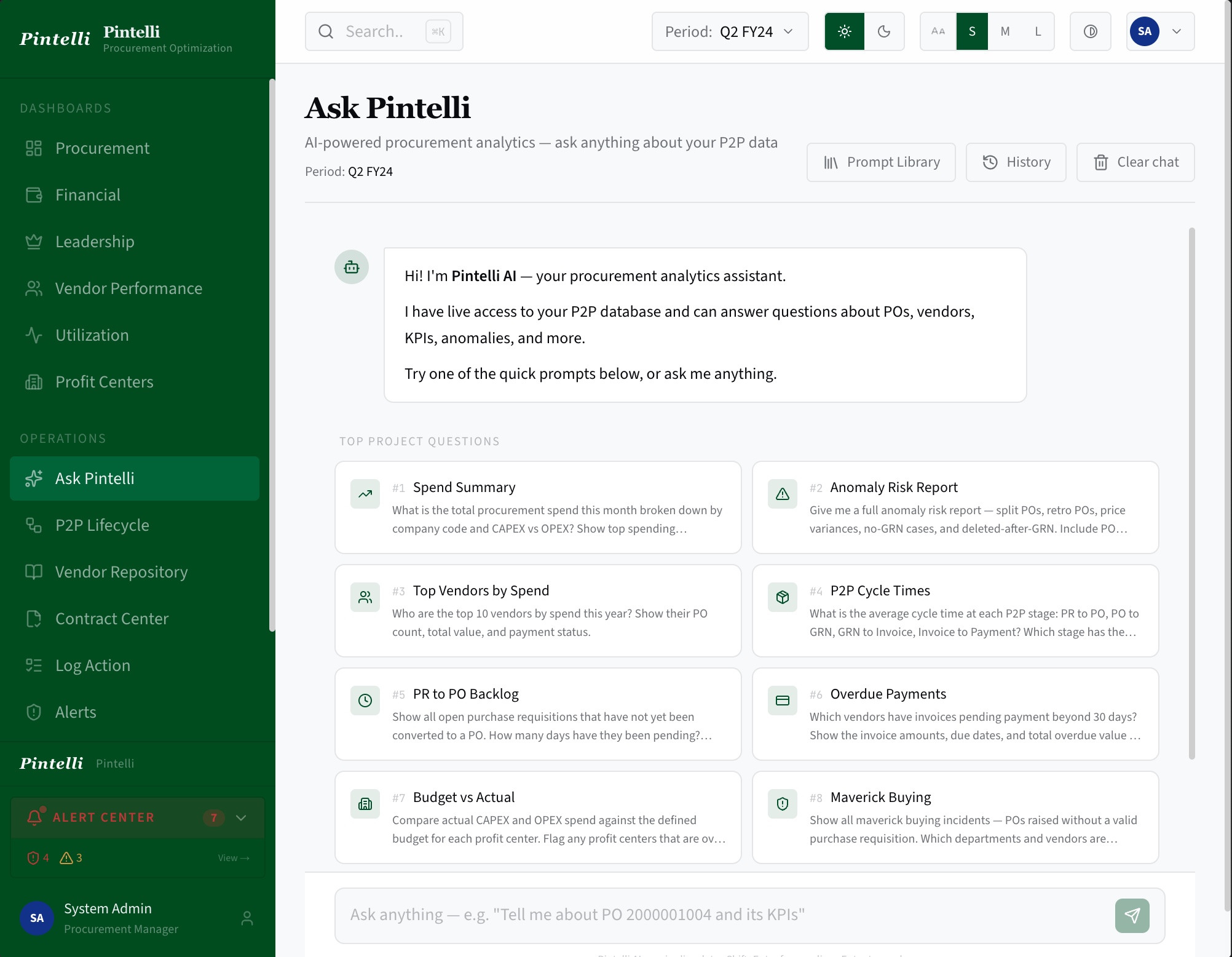 Ask Pintelli AI assistant landing screen with a prompt library of common procurement questions
