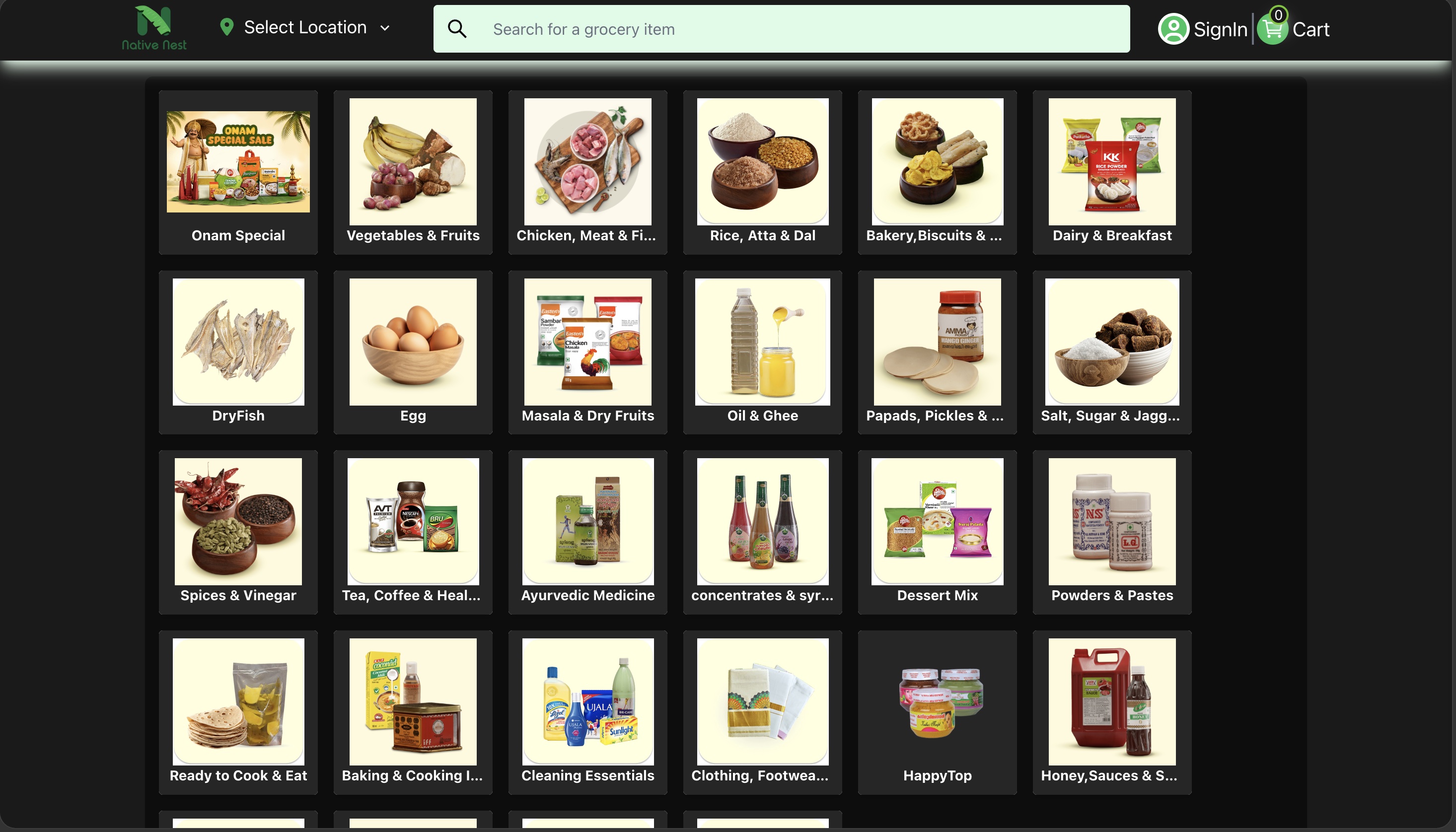 NativeNest category grid — Onam Special, DryFish, Ayurvedic Medicine and other Kerala-specific categories